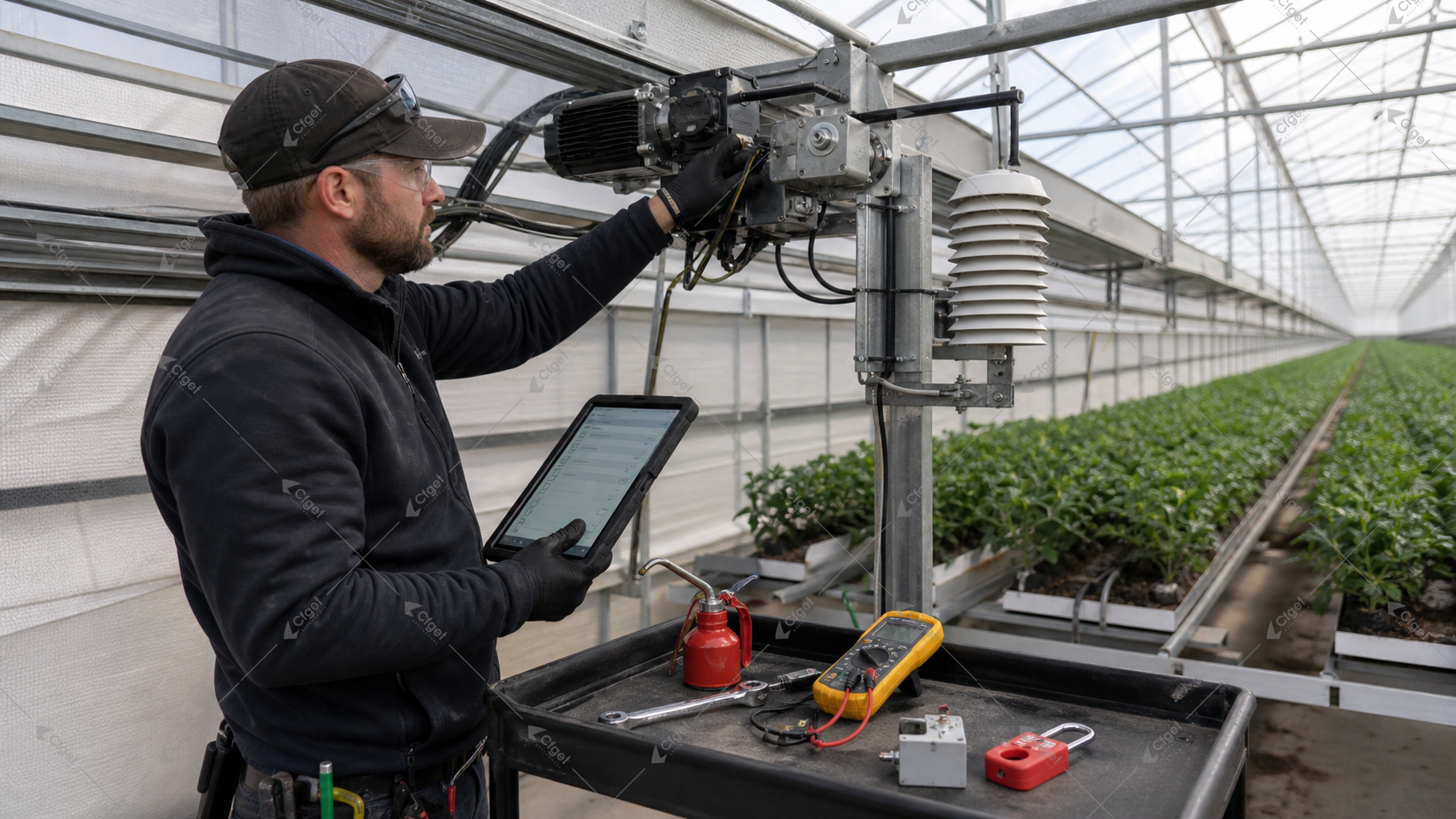 Greenhouse technician recording a planned inspection of a vent drive and climate sensor for greenhouse maintenance schedule