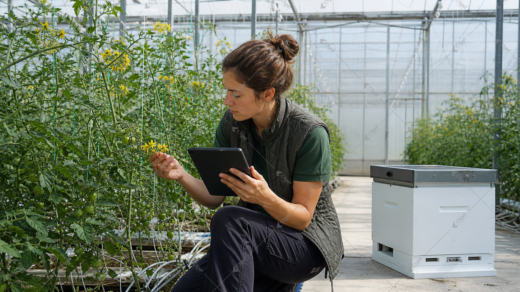 Agronomist inspecting tagged tomato flowers beside a managed bumblebee hive in a commercial greenhouse for greenhouse pollination management