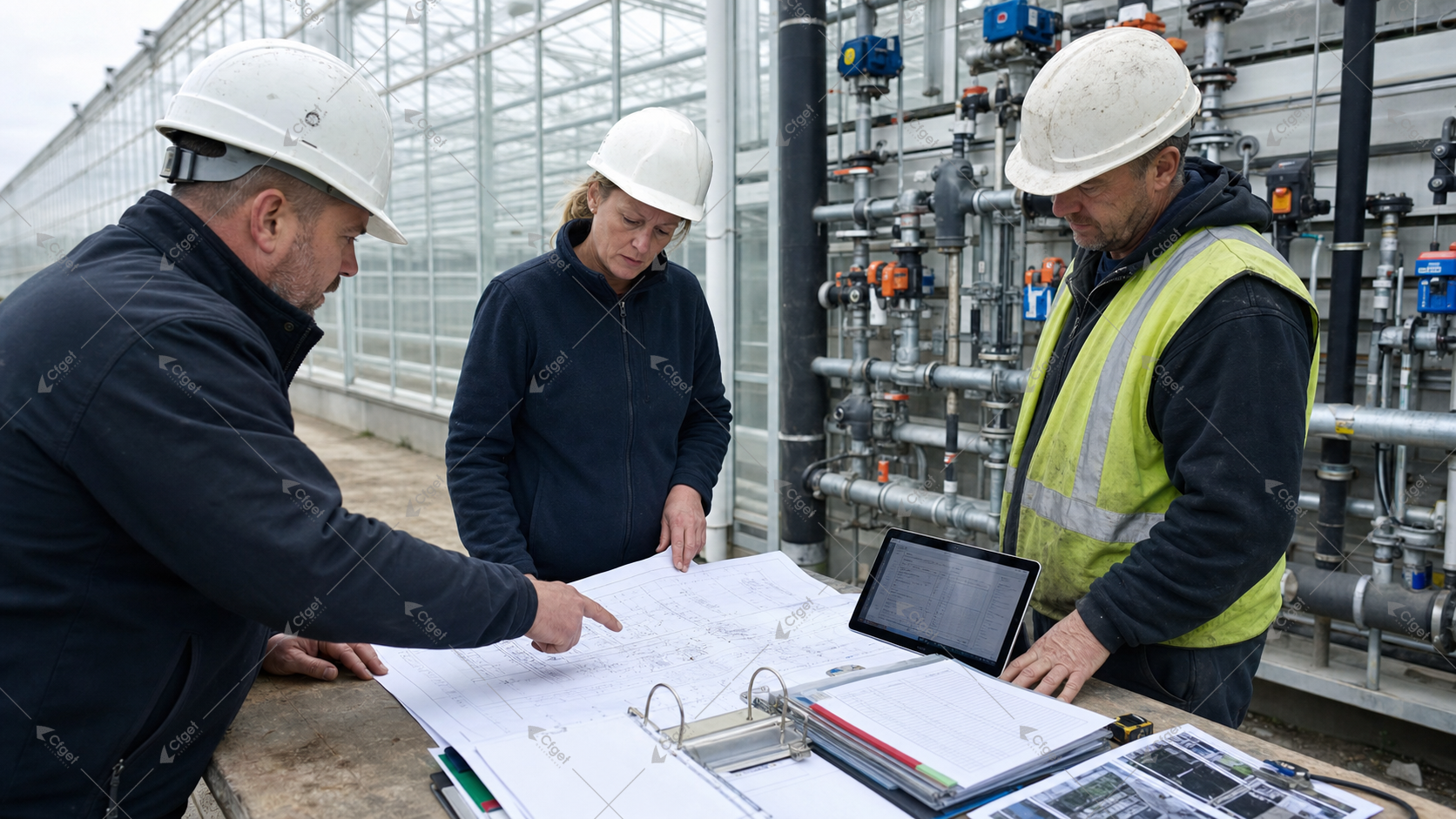 Greenhouse project team comparing as-built drawings with installed valves and controls during handover for greenhouse project document checklist