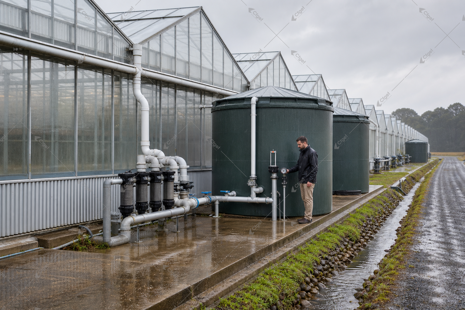 Commercial greenhouse roof gutters, filters, rainwater tanks, and overflow drainage for greenhouse rainwater harvesting design