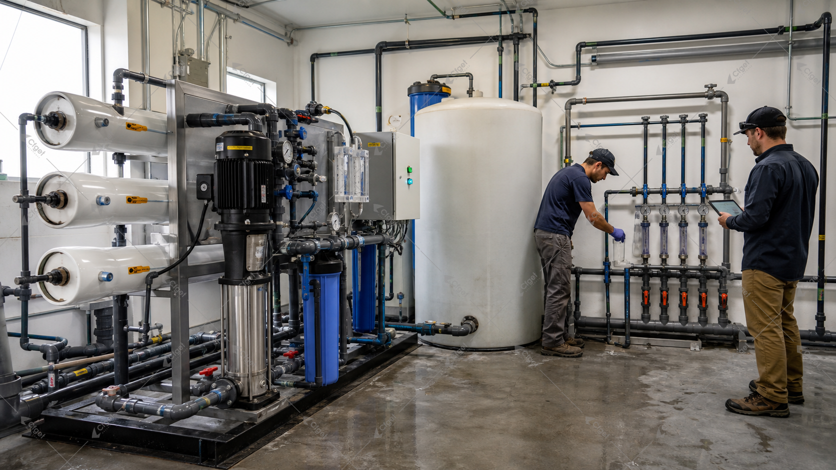 Technicians commissioning a greenhouse reverse-osmosis, storage, and blending system for greenhouse reverse osmosis design