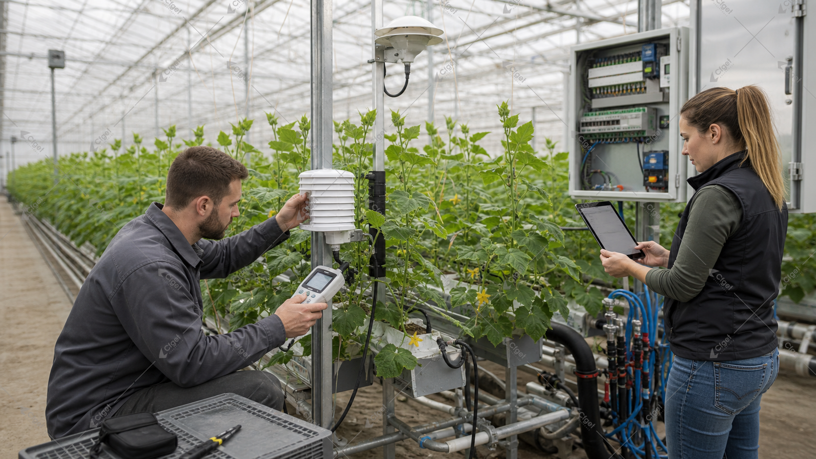 Calibration records the as-found error, but field verification must also check placement, shielding, wiring, controller scaling, alarms, and the controlled output. Technician comparing a greenhouse crop-zone climate sensor with a calibrated portable reference
