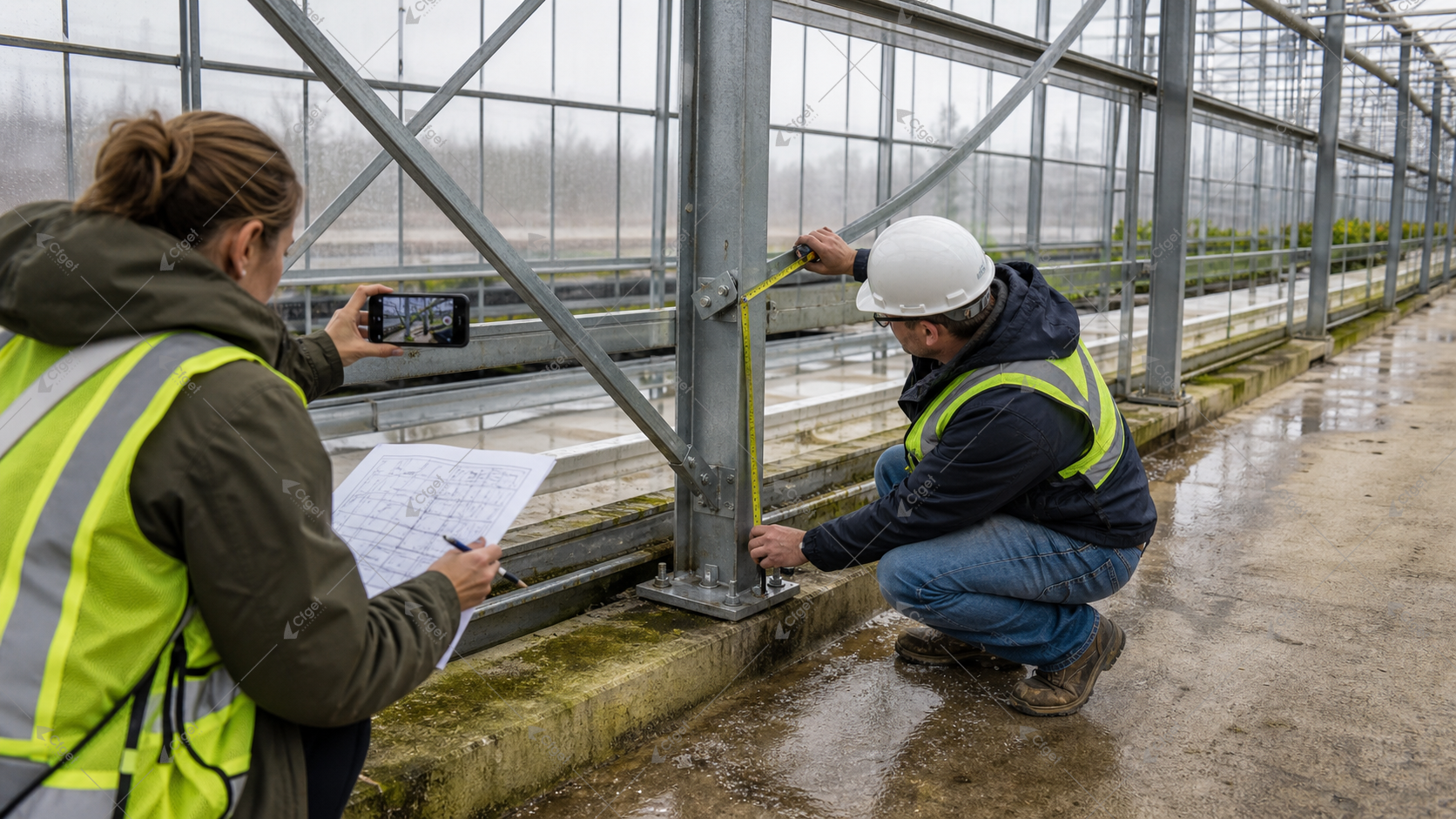 Engineer measuring a greenhouse column, brace, base plate, and anchor during a post-storm inspection for greenhouse structural inspection checklist