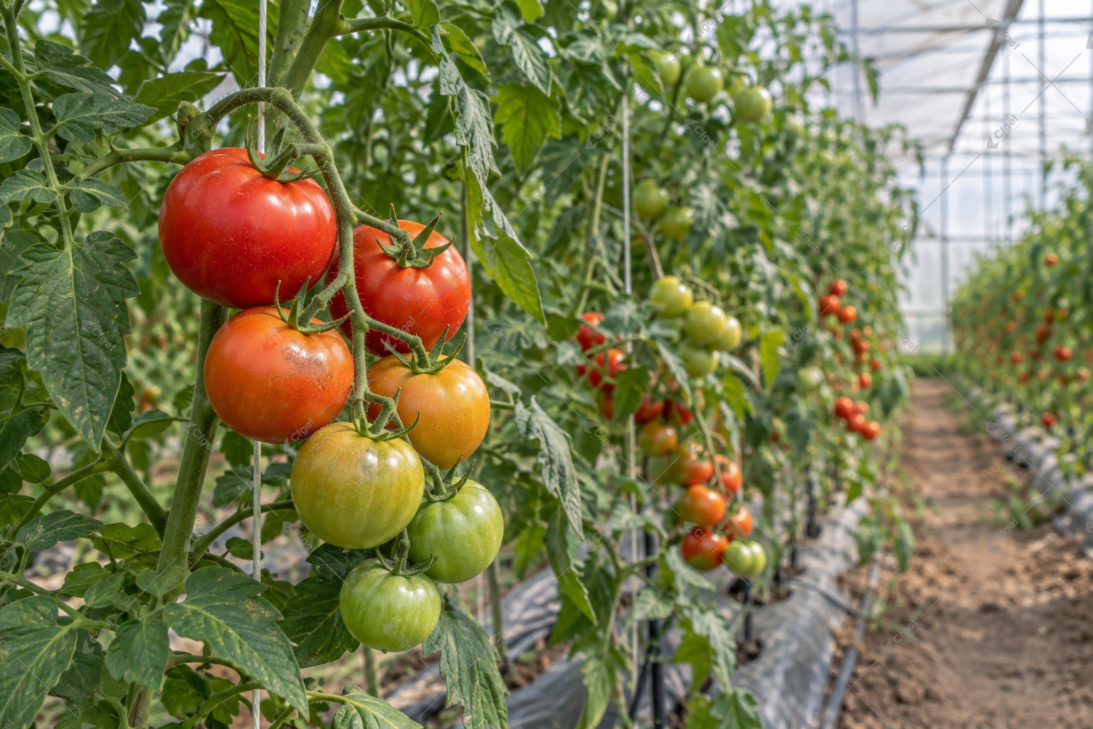 Tomatoes at different ripening stages on trellised plants inside a greenhouse.