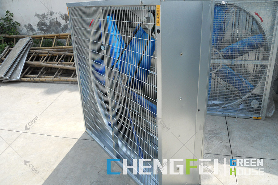 A greenhouse ventilation fan with a protective grille and metal housing.