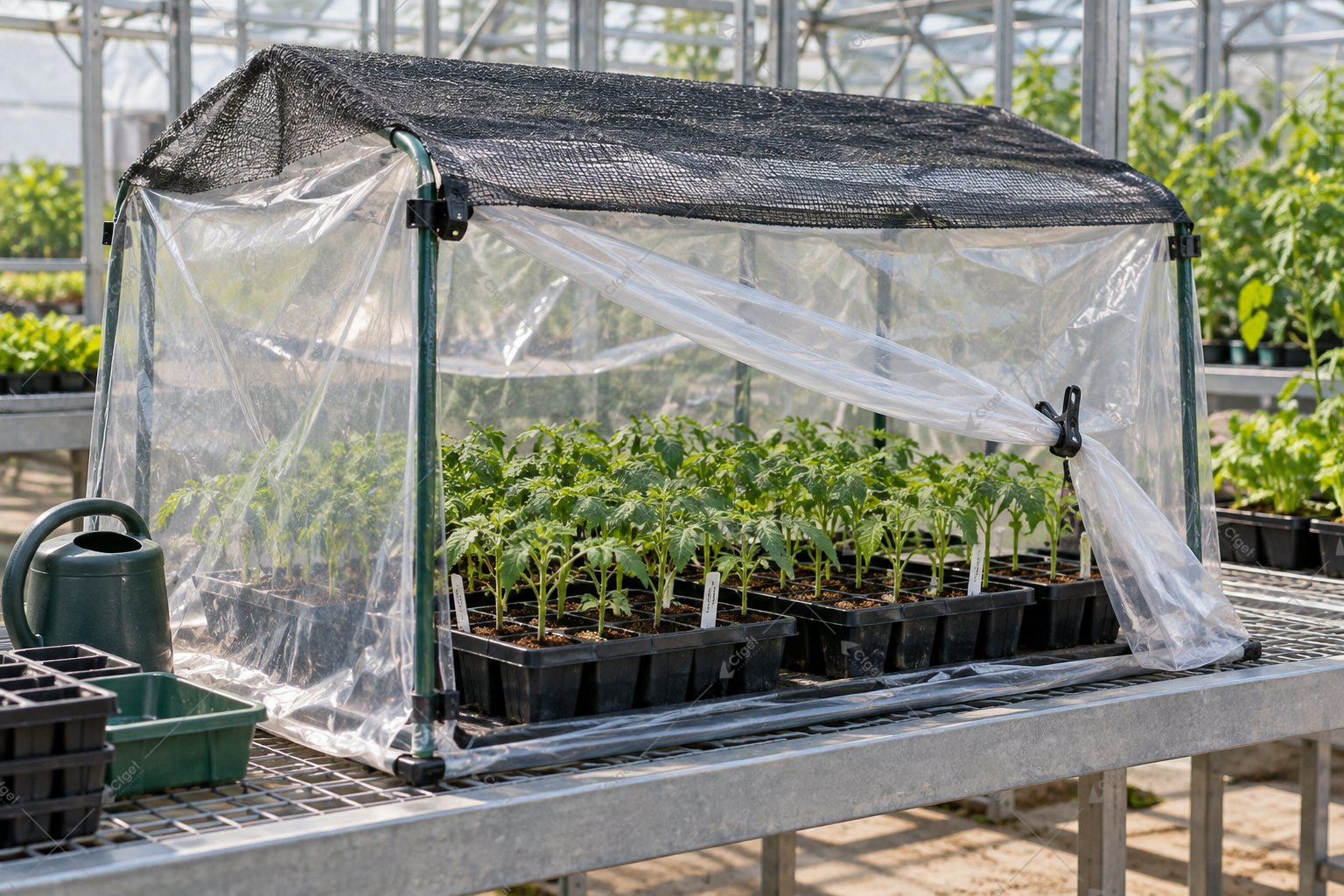 Illustration of a shaded propagation enclosure with vegetable seedlings and an adjustable plastic cover