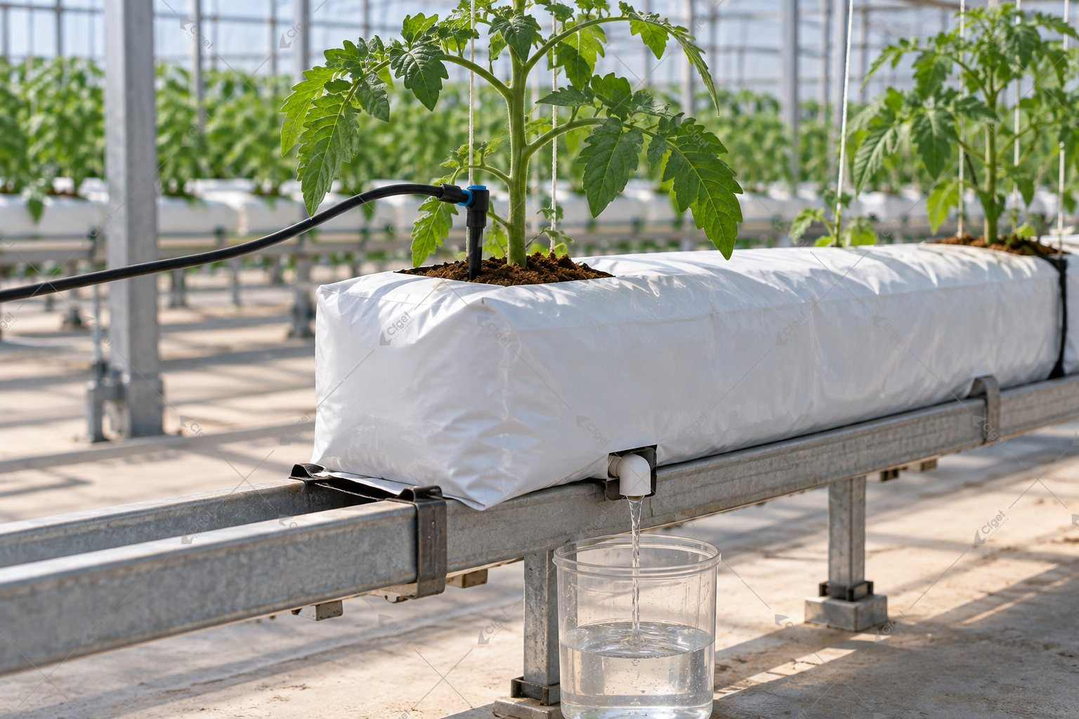Illustration of a substrate grow bag with drip inlet and separate drainage collection vessel