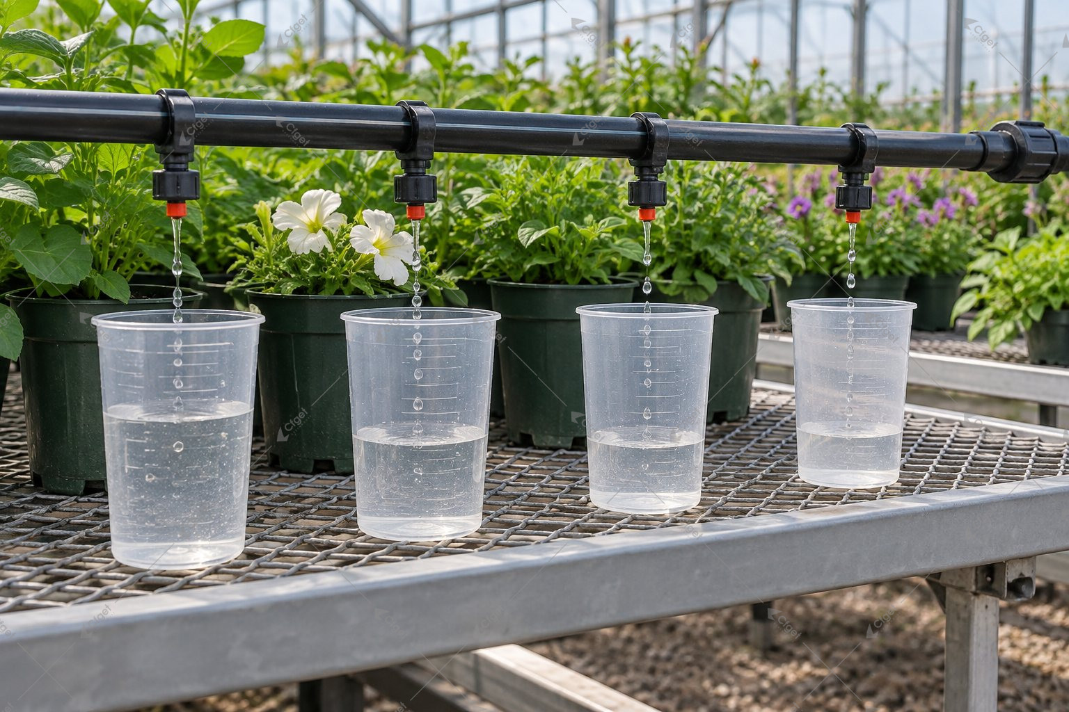 Illustration of collection cups beneath drip outlets along a greenhouse irrigation lateral