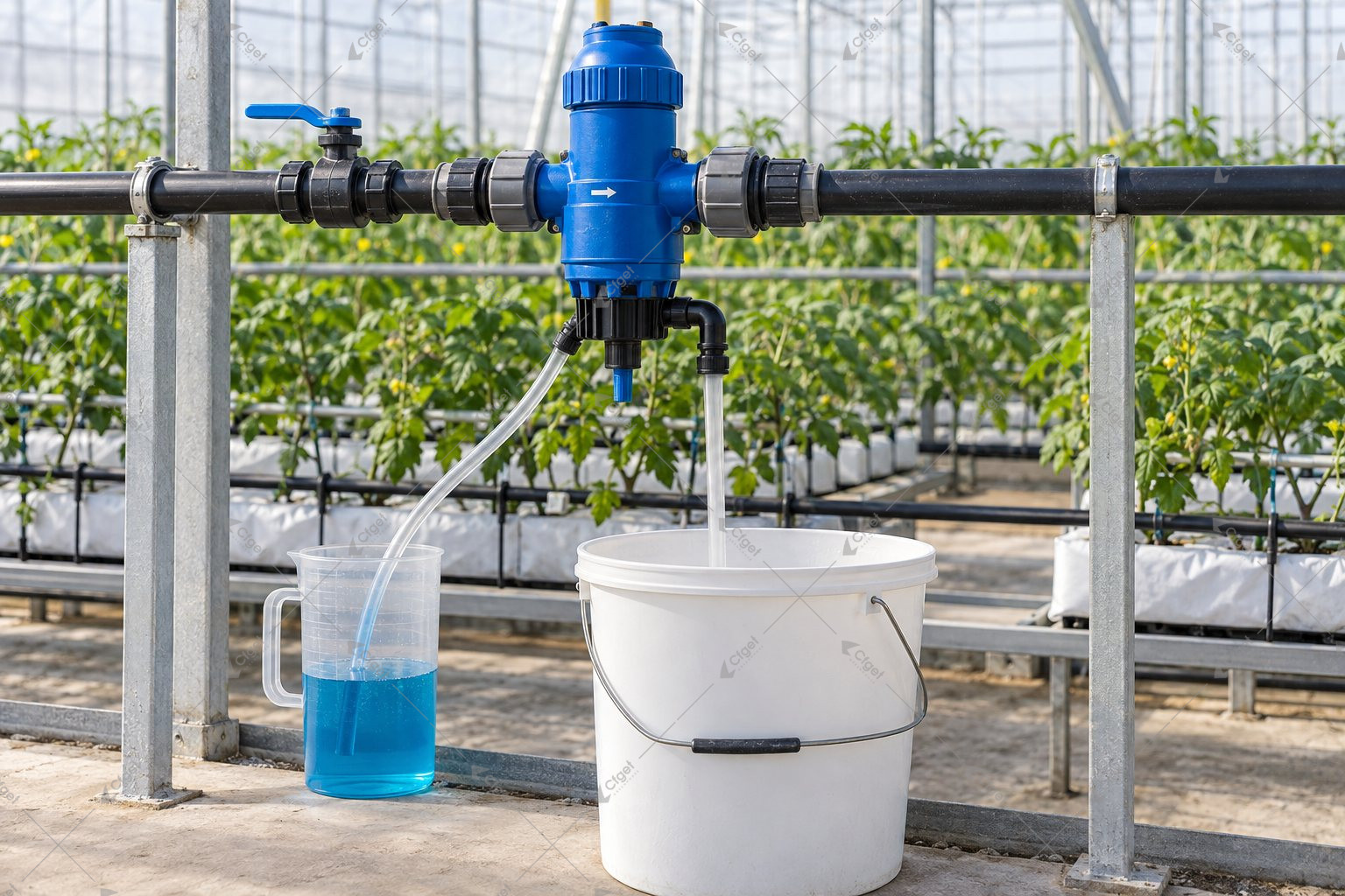 Concept illustration of a greenhouse fertilizer injector with measuring vessel and collection bucket