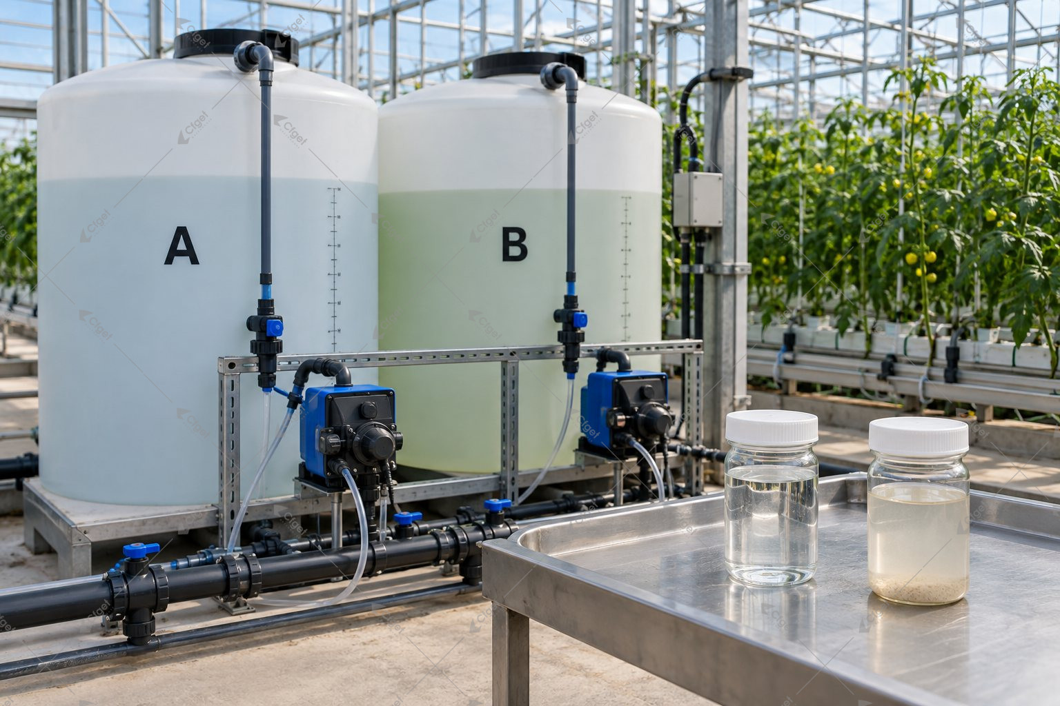 Illustration of separate A and B fertilizer stock tanks with clear and sediment-containing sample jars
