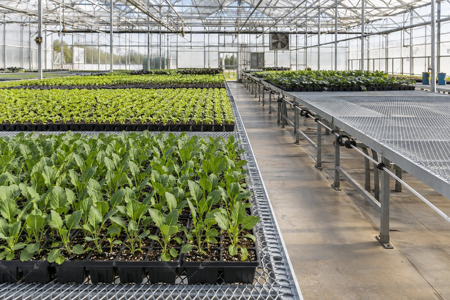 Illustration of propagation benches with separate vegetable seedling batches and a service aisle