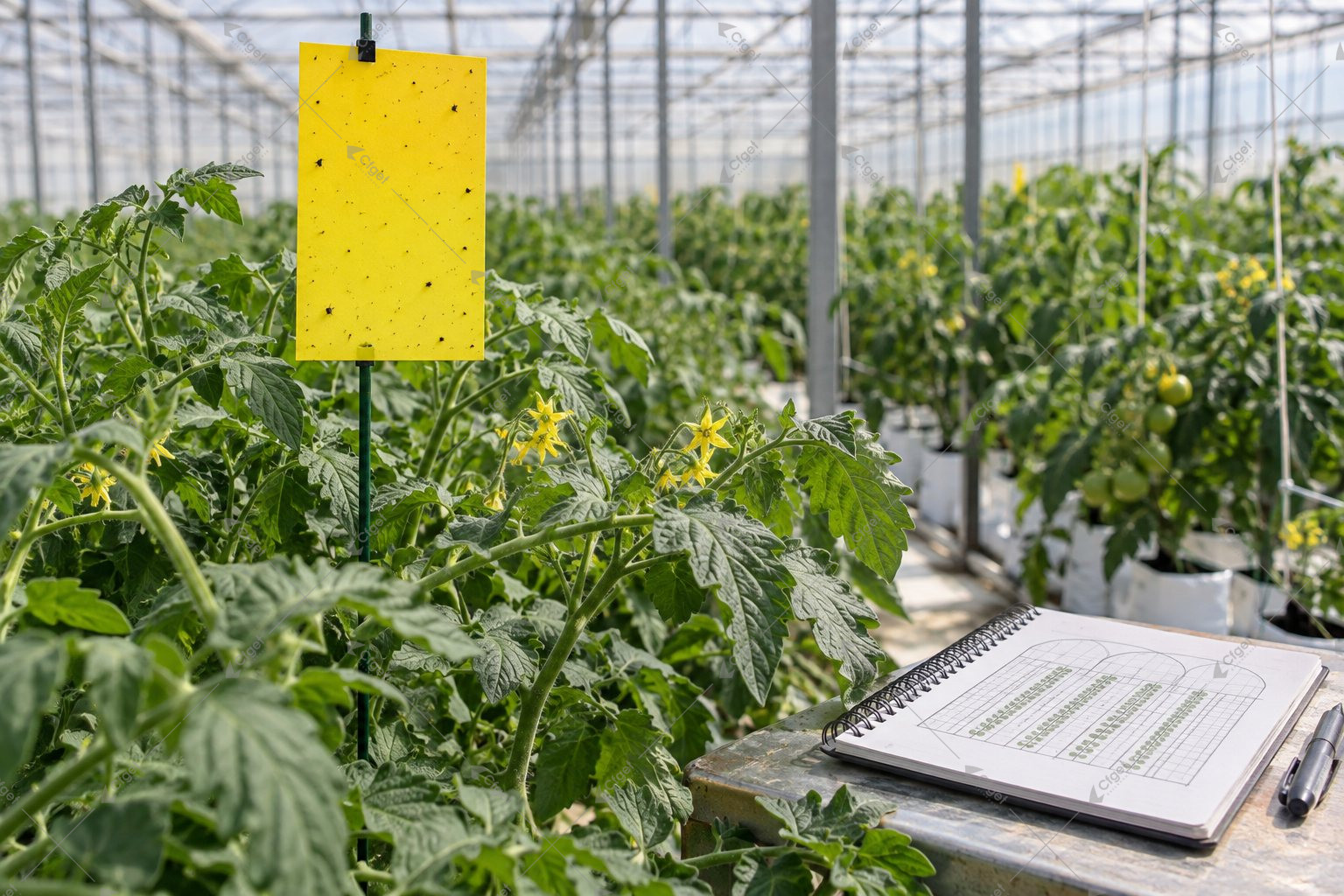 Illustration of a yellow monitoring card beside a greenhouse crop and a scouting notebook