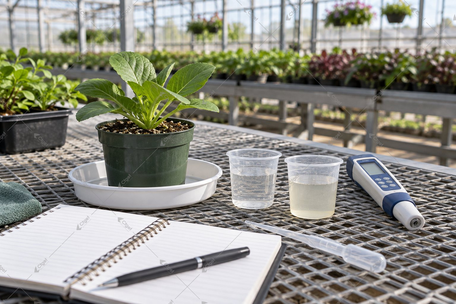 Illustration of a potted seedling, collection saucer and handheld meter on a greenhouse sampling bench