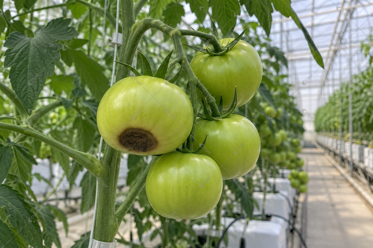 Illustration of greenhouse tomatoes with a dark lesion depicted at the blossom end of one fruit