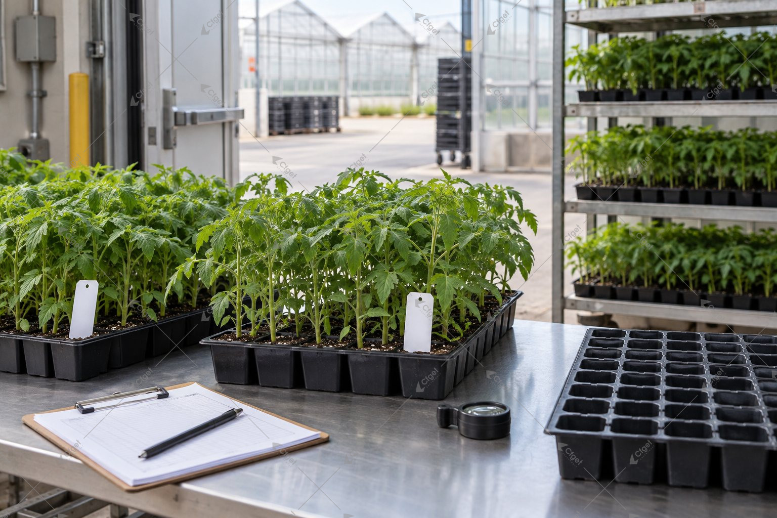 Illustration of vegetable transplant trays on a receiving bench beside a hand lens and inspection record