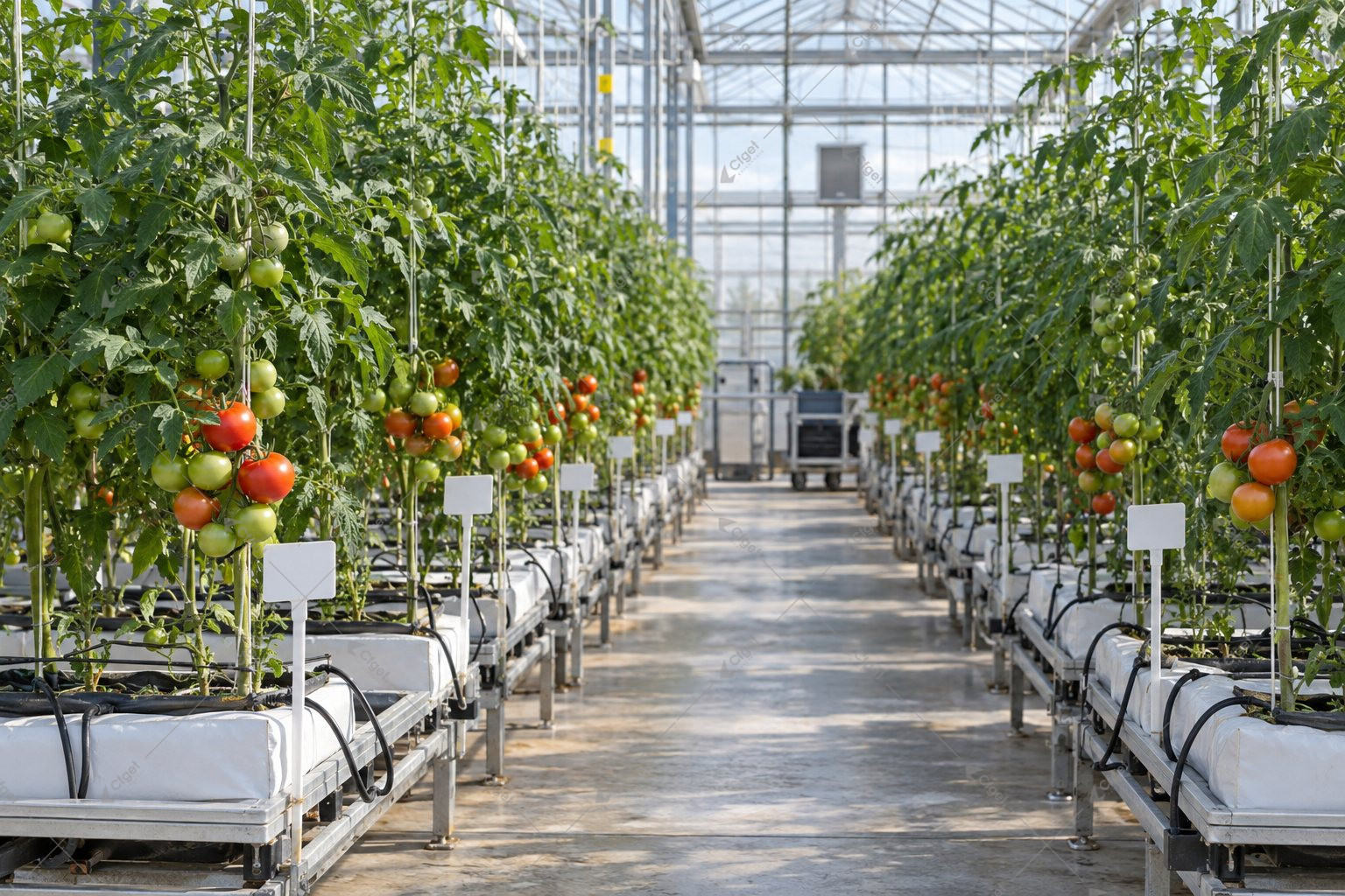 Illustration of separate labeled tomato trial plots within a greenhouse