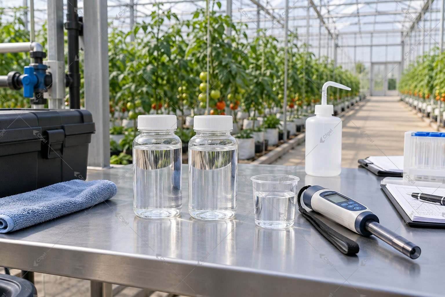 Illustration of greenhouse water samples and a portable pH meter on a clean work bench