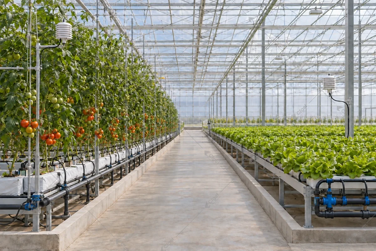 Separate crop irrigation areas sharing one greenhouse air space