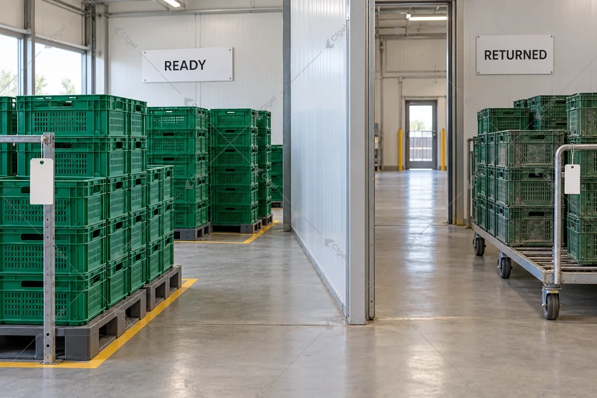 Ready and returned harvest crates stored in separate bays