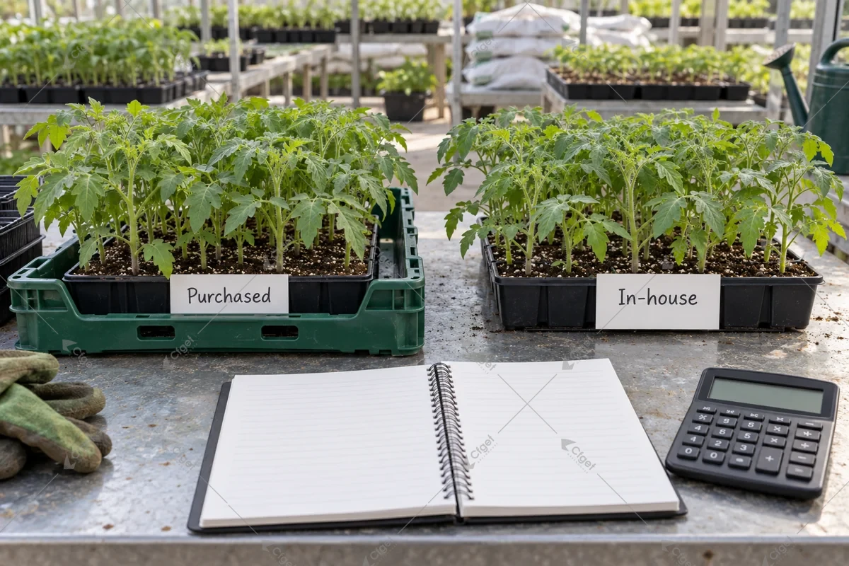 Purchased and in-house transplant trays beside blank cost comparison records