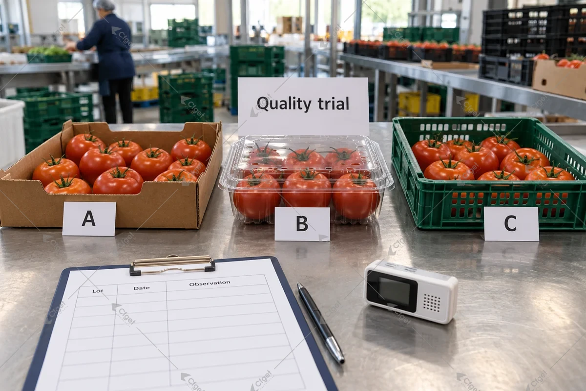 Labeled tomato packaging samples beside blank quality trial records