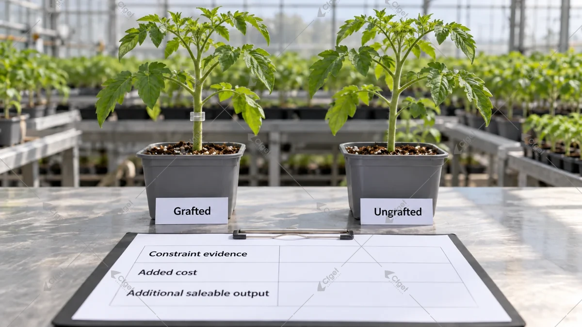 Grafted and ungrafted tomato options beside a blank evidence-and-cost comparison.