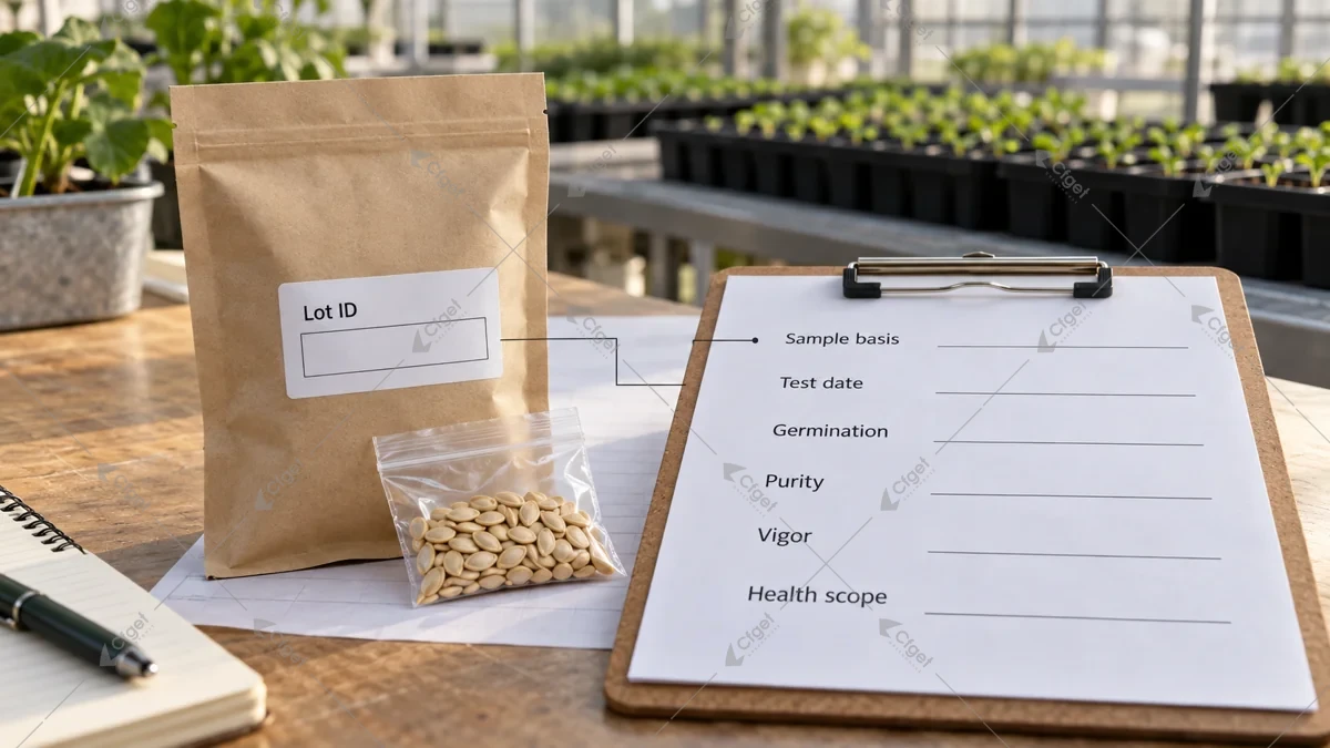 Seed-lot label linked to a checklist of report identity and test scope.