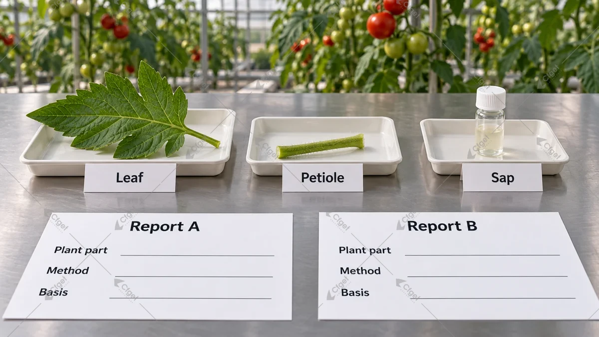 Conceptual leaf, petiole and sap samples beside two blank report cards
