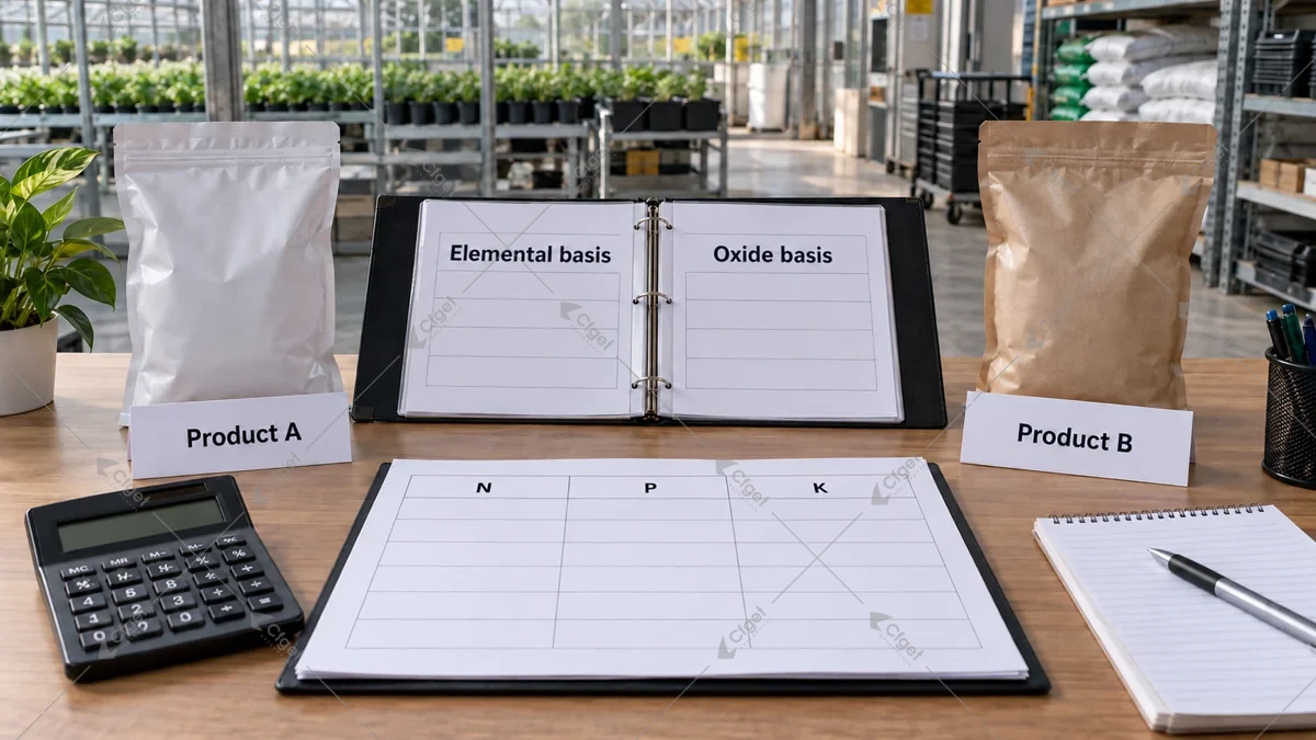 Conceptual fertilizer packages with separate nutrient contribution comparison cards