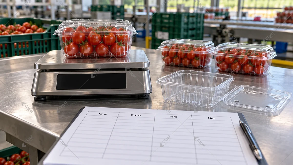 Conceptual produce weighing station with packaging tare and blank run log