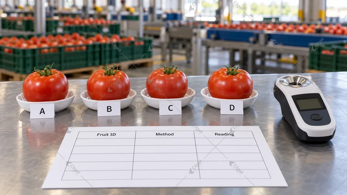 Conceptual labeled tomato samples, refractometer and individual-fruit record