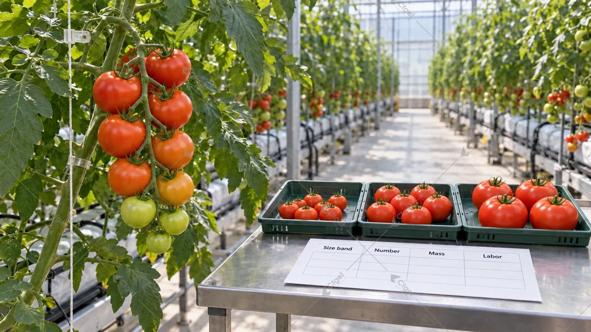 Conceptual tomato truss and harvested size groups beside a decision card