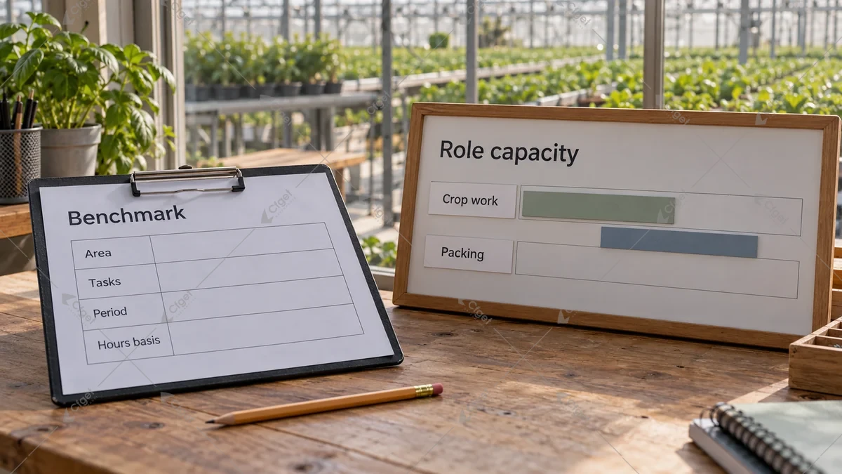 Conceptual workforce benchmark card beside overlapping greenhouse role schedules