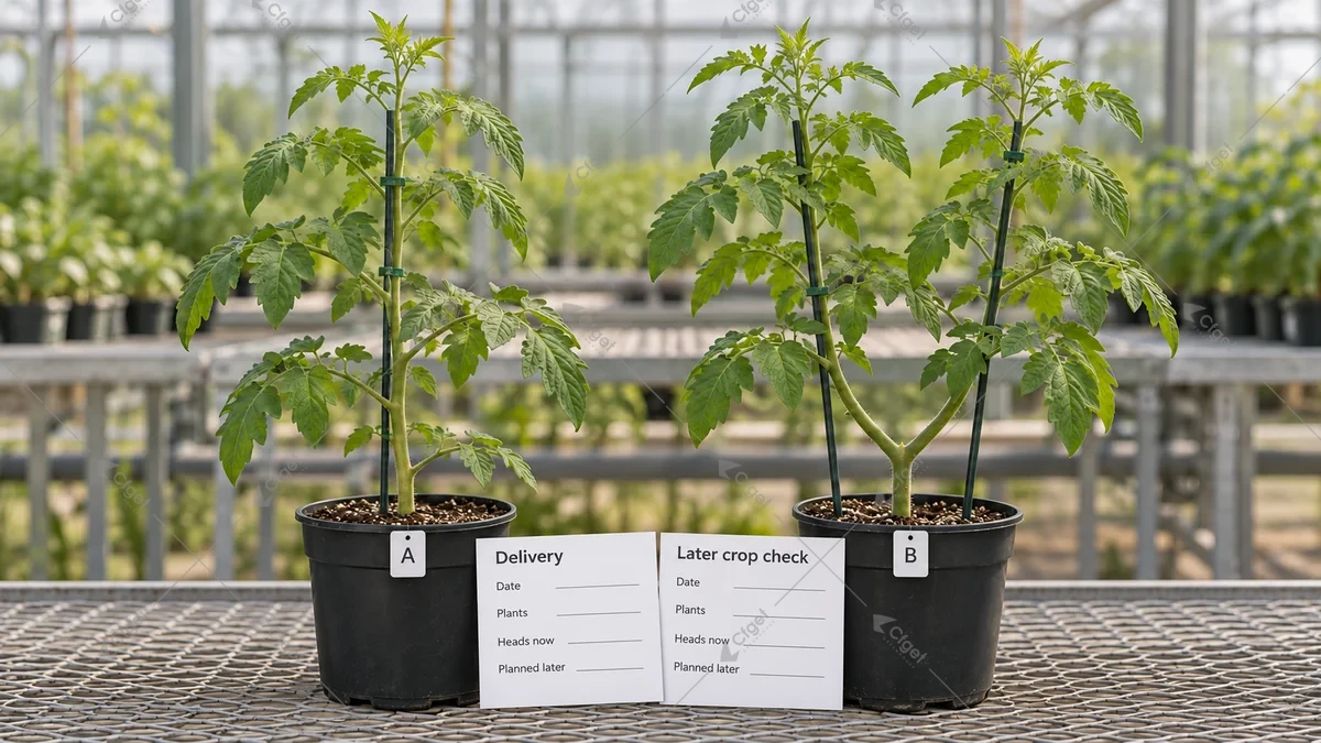 Conceptual single-headed and double-headed tomato plants beside dated count records