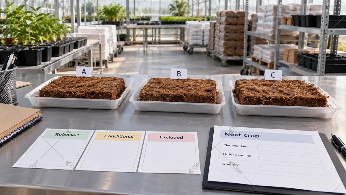 Conceptual separate coir cohorts beside a crop-supply deadline record