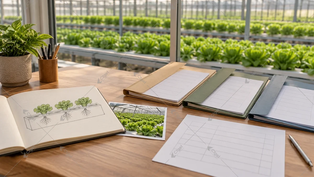Greenhouse crop plans beside blank market eligibility review documents