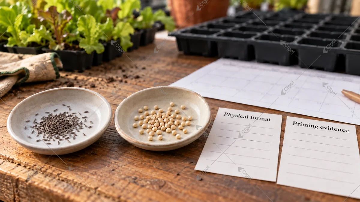 Raw and pelleted lettuce seed beside separate blank specification cards