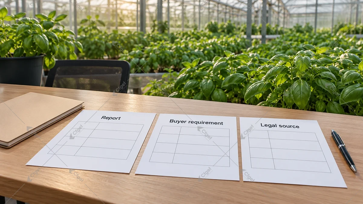 Fresh herbs beside blank report and buyer requirement review sheets