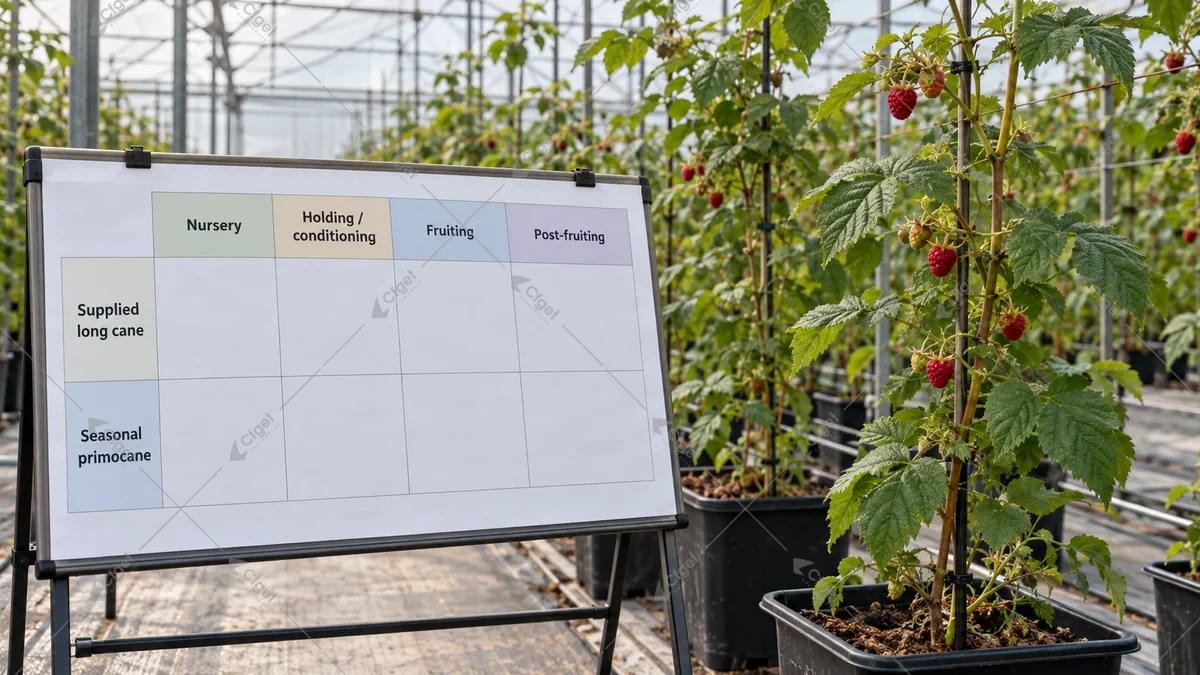 Conceptual raspberry cane pathways connecting nursery, conditioning and fruiting facilities