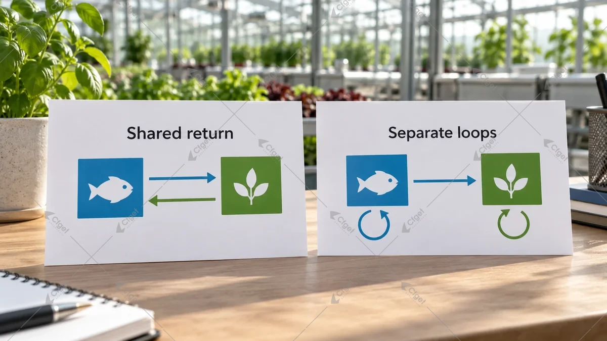 Conceptual aquaponic water-loop cards with return and one-way transfer