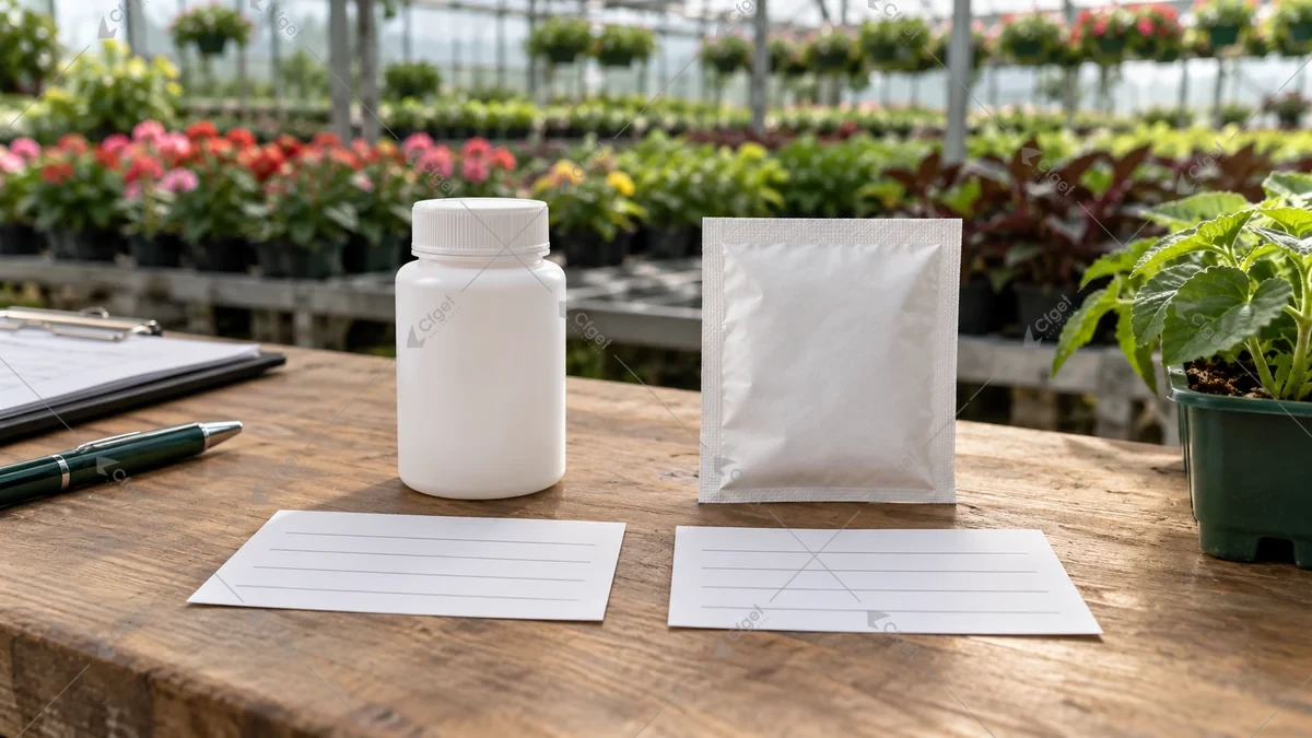 Closed mite-product bottle and sachet beside blank delivery-window records
