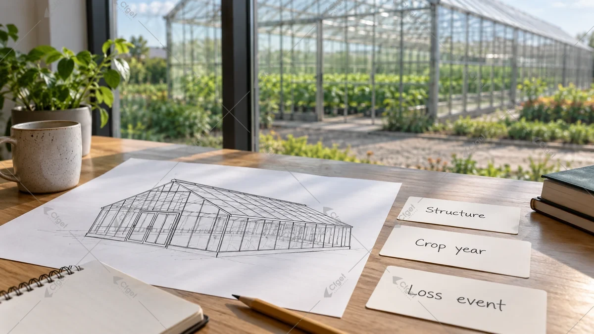 Conceptual greenhouse drawing beside structure, crop-year and loss-event discussion cards