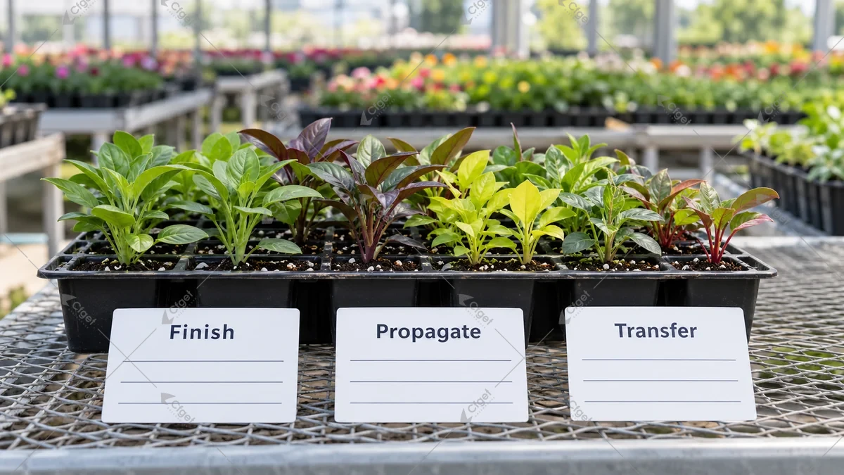 Conceptual young plants beside separate finishing, propagation and transfer permission cards