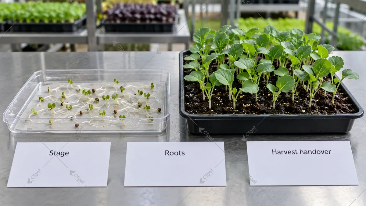 Conceptual young-greens stages beside root-retention and harvest-handover records