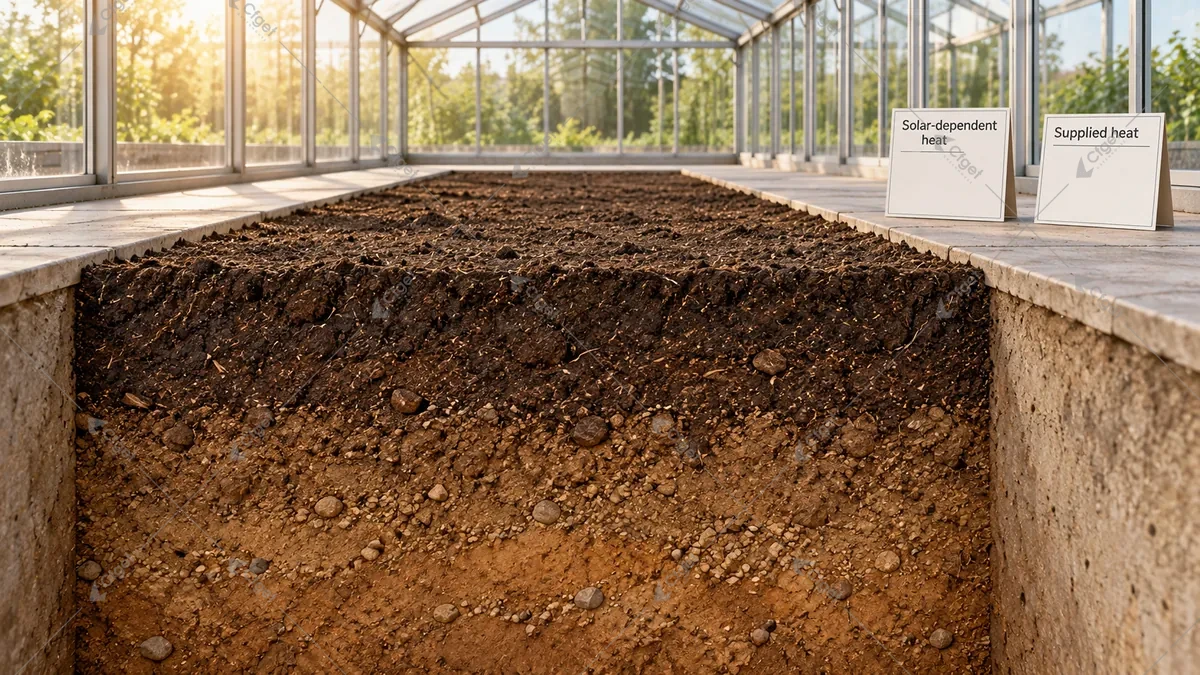 Conceptual greenhouse soil profile beside solar-dependent and supplied-heat planning cards
