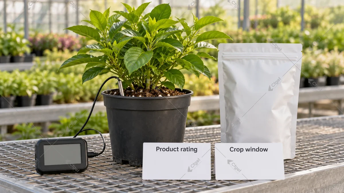 Conceptual potted crop and root-zone logger beside product-rating and crop-window records