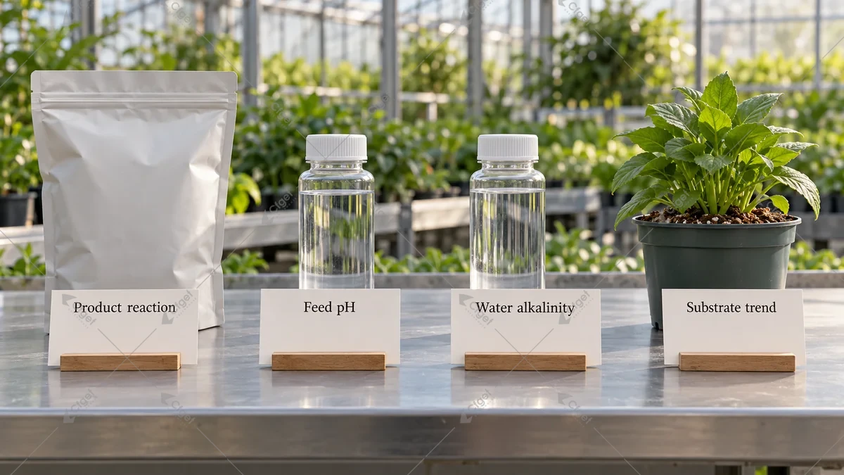 Conceptual records for fertilizer reaction, feed pH, water alkalinity and substrate trend