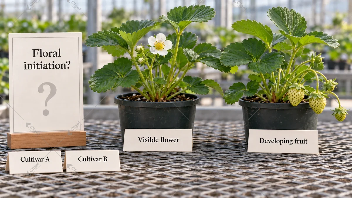 Conceptual strawberry stages beside separate cultivar and flowering-response records
