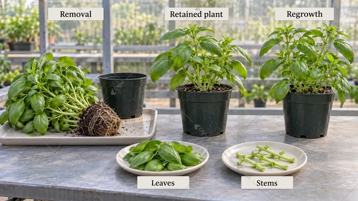 Conceptual basil removal and regrowth routes with separate leaf and stem products
