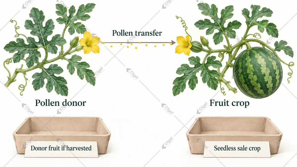 Conceptual watermelon crop, pollen-donor and pollen-transfer roles with separate fruit streams